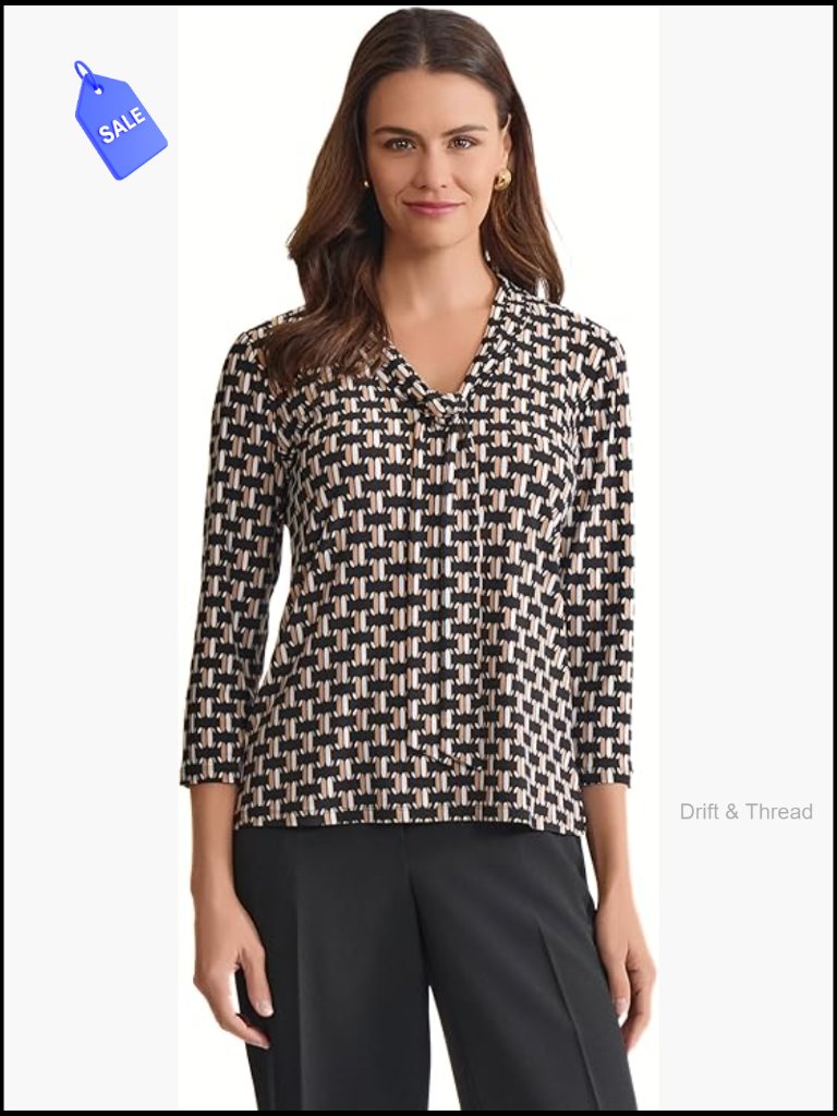 3/4 Sleeve Tie Neck Jersey Top, Regular Fit, Wrinkle Resistant Polyester